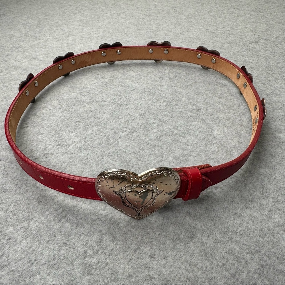 Vintage Justin Red Leather Hearts Western Belt Top Sz 26 Grain Cowhide 1991 USA - Picture 10 of 16